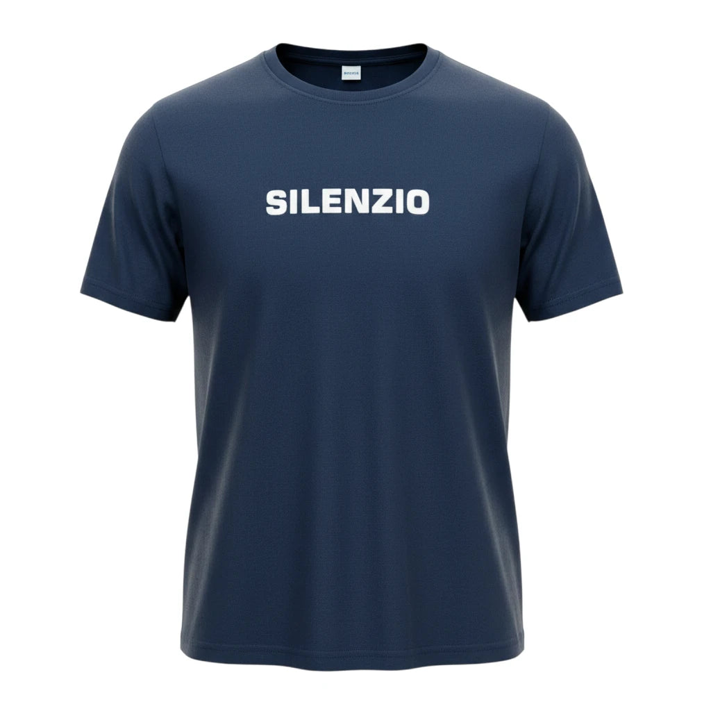 Aspesi, T-Shirt Silenzio, weißer Schriftzug auf blau