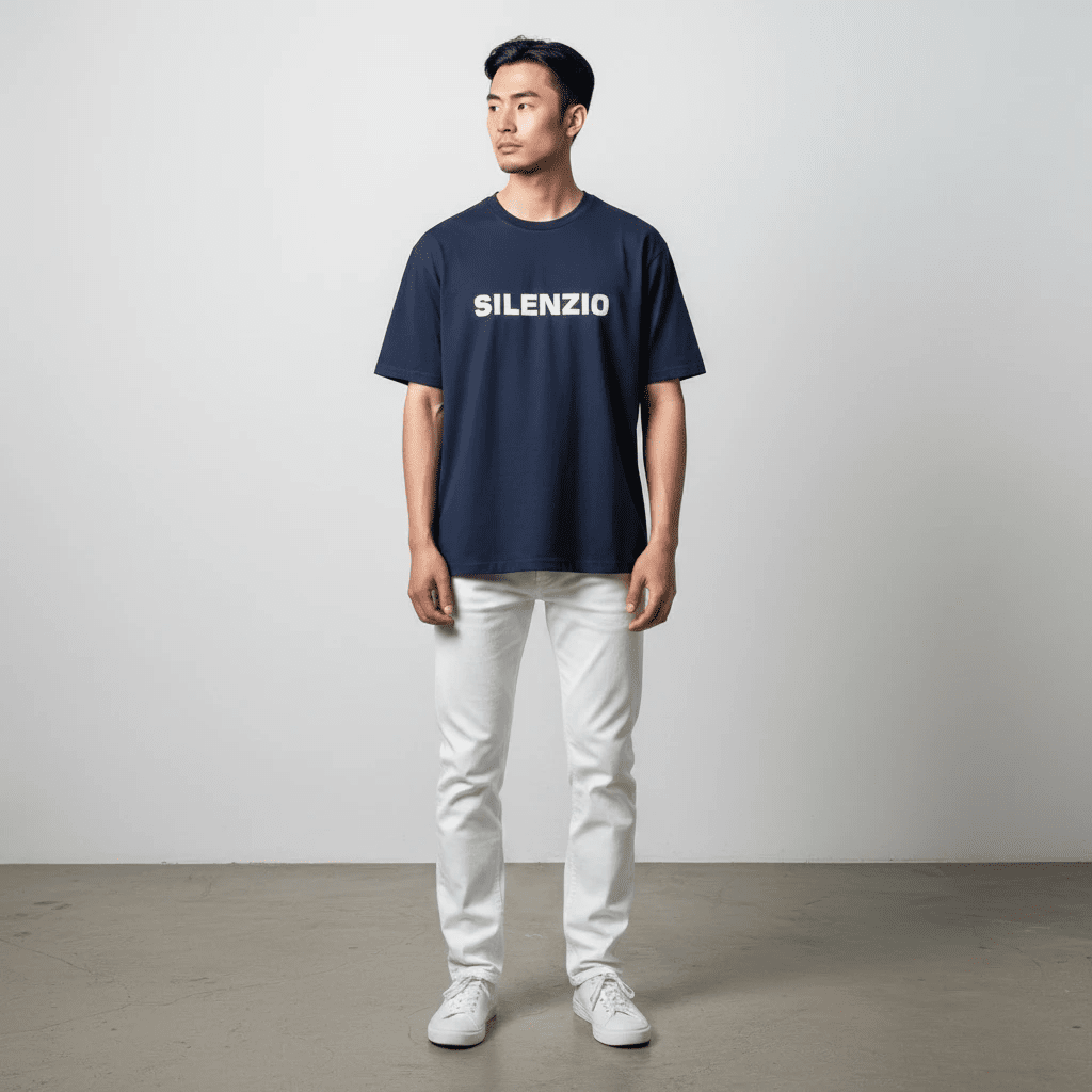 UNIT Hamburg - Aspesi, T-Shirt Silenzio, weißer Schriftzug auf blau - ASPESI