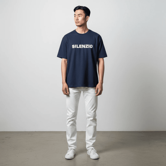 UNIT Hamburg - Aspesi, T-Shirt Silenzio, weißer Schriftzug auf blau - ASPESI