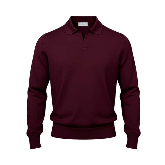 UNIT Hamburg - Never Laundry, Merino Polo ohne Knopf, Langarm, burgunder - Never Laundry