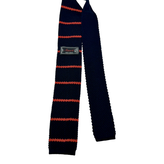Ascot, wool knit tie, blue with red stripes