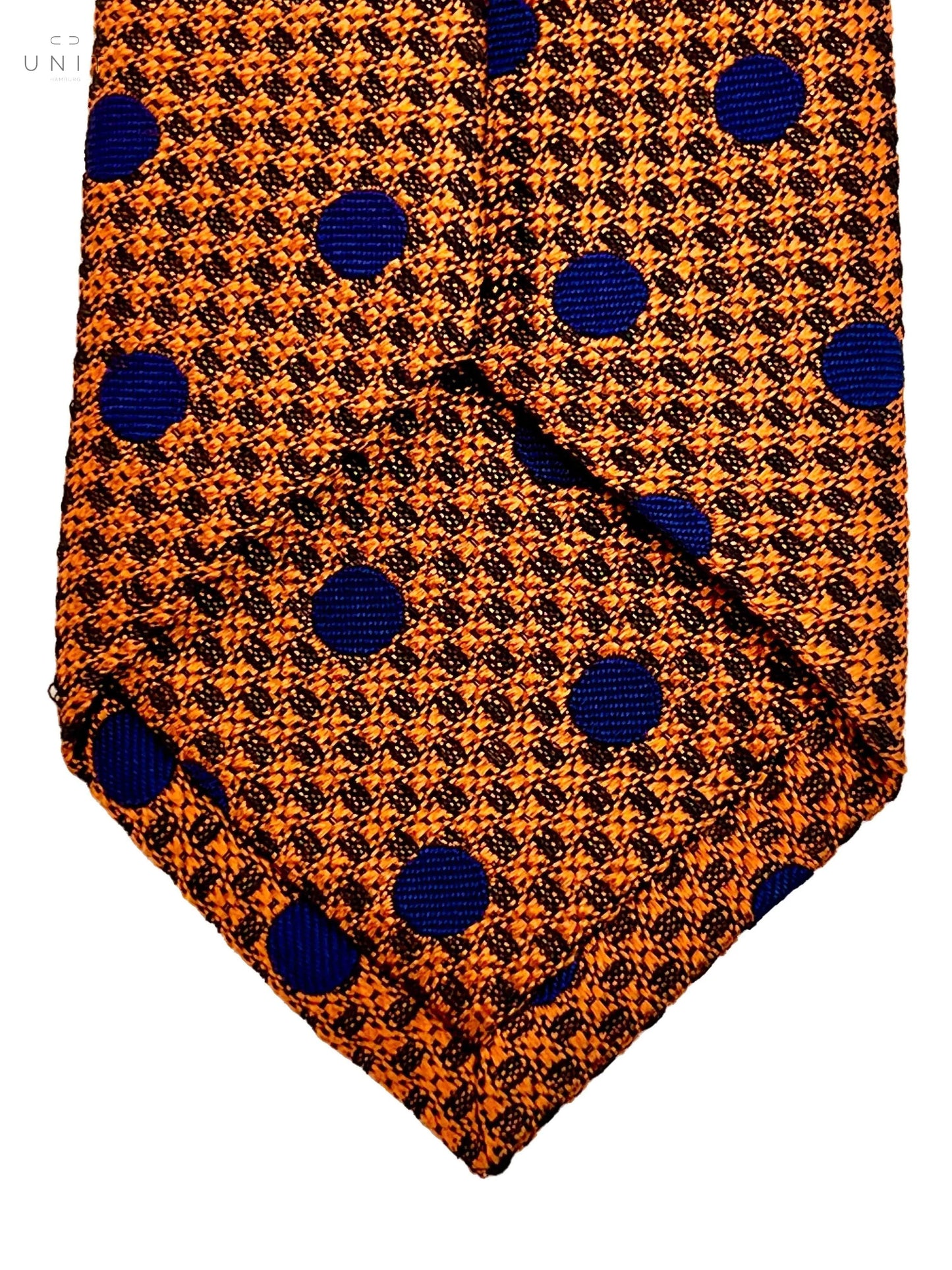 Rückseite Ascot Krawatte aus leuchten Kupfer mit lapuslazuli blauen Punkten