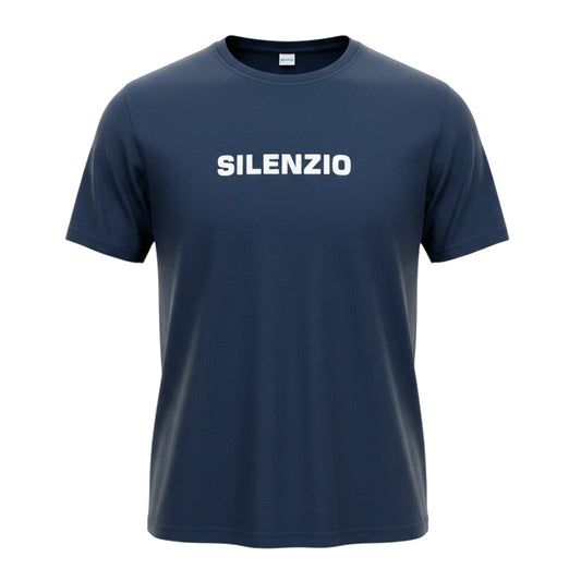 Aspesi, T-Shirt Silenzio, weißer Schriftzug auf blau