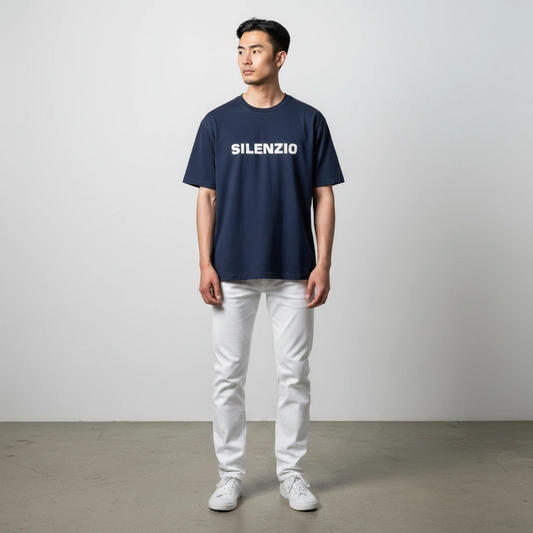 Aspesi, T-Shirt Silenzio, weißer Schriftzug auf blau
