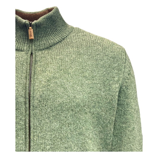 William Lockie, Strickjacke, Geelong Lambswool, grün mit cognac