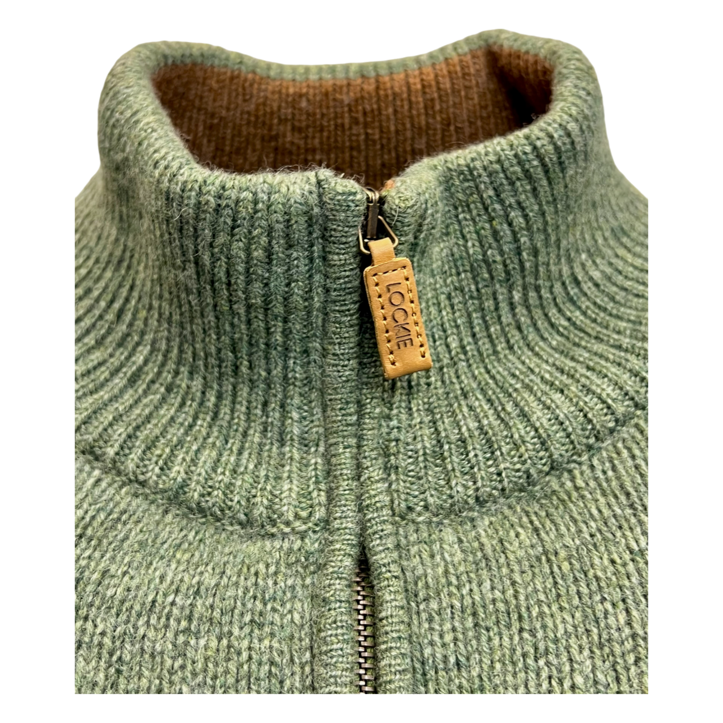 William Lockie, Strickjacke, Geelong Lambswool, grün mit cognac