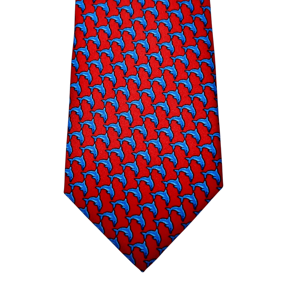 UNIT Hamburg - Ascot, Seidenkrawatte, Delphin Foulard, rot - hellblau - Ascot