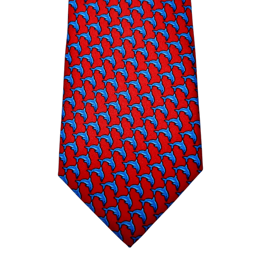 UNIT Hamburg - Ascot, Seidenkrawatte, Delphin Foulard, rot - hellblau - Ascot