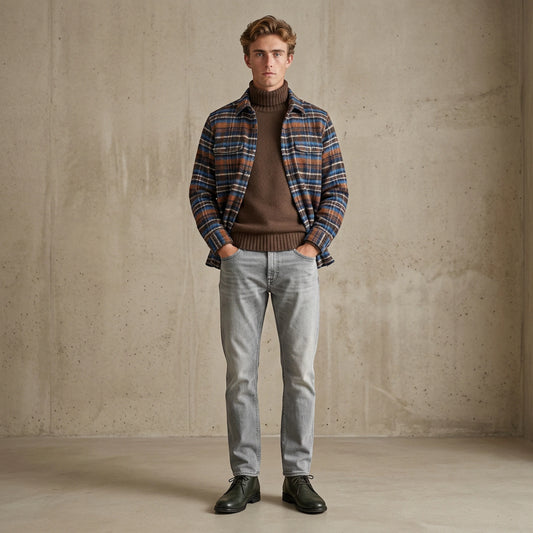 Xacus, Woll-Overshirt, blau-braun-ocker kariert