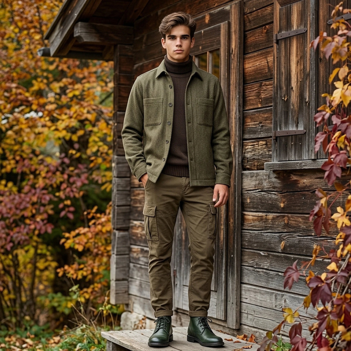 Xacus, Overshirt, Shetland-Wolle Fischgrät Oliv-Braun