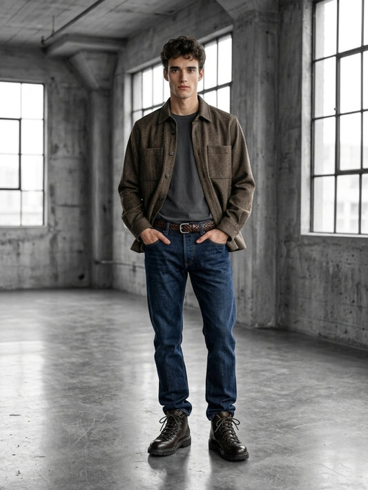 Xacus, Overshirt, Shetland-Wolle Fischgrät Oliv-Braun