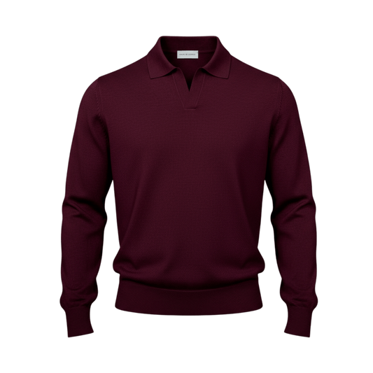 UNIT Hamburg - Never Laundry, Merino Polo ohne Knopf, Langarm, burgunder - Never Laundry